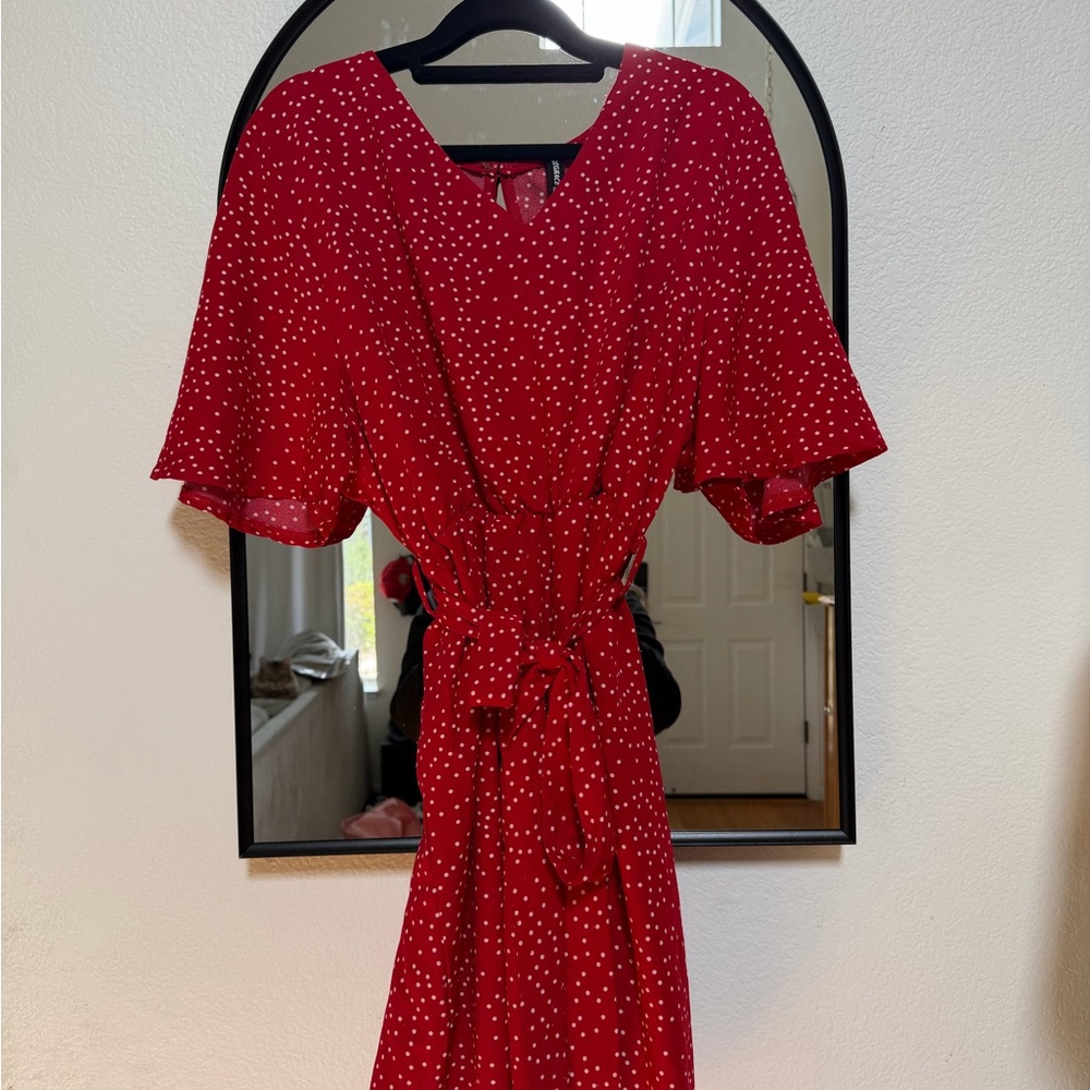 Allegra K Red Polka Dot Midi Dress with Tie Waist